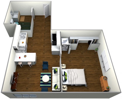 A 3D floor plan of a small apartment with a kitchen, living room, and bedroom.
